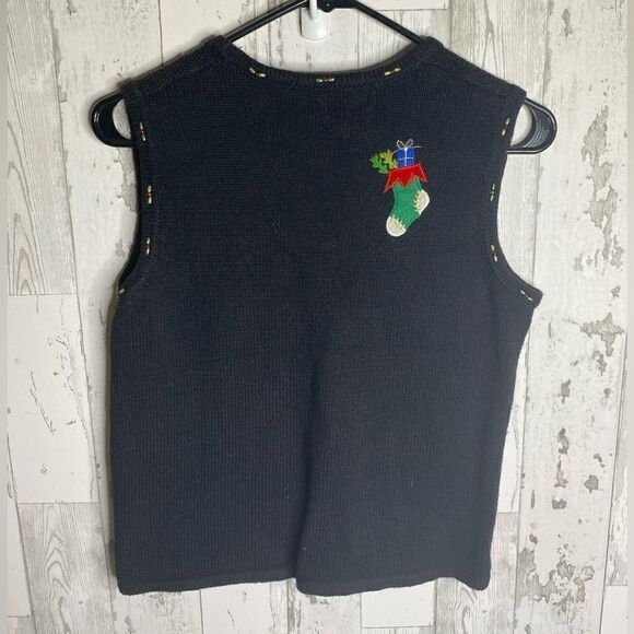 Hampshire Studio Black Christmas Beaded Appliqué Embroidered Sweater Vest PS Vtg - Picture 3 of 7
